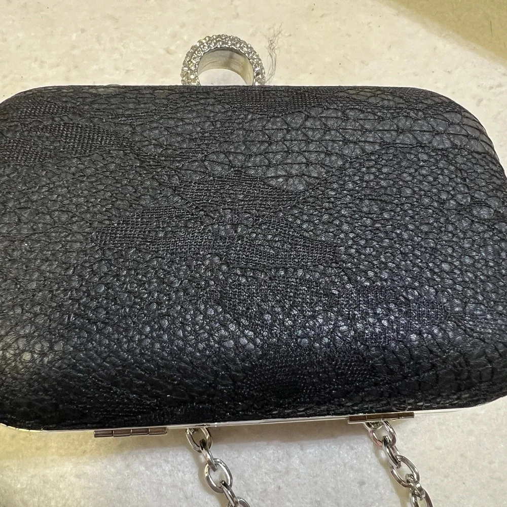 Jewell Black Hard Shell Faux Suede Evening‎ Prom Bag Rhinestone Ring Closure